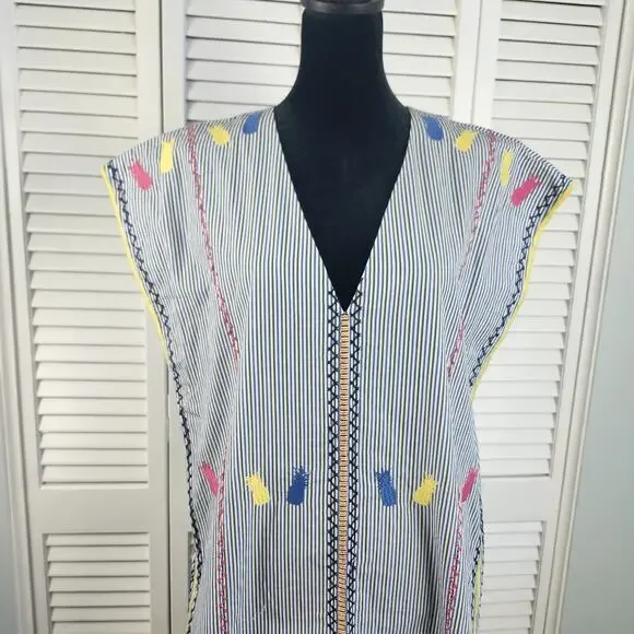 Paris Atelier & Other Stories Kaftan 6 Embroidered Cotton Pinstripe Resort Dress - Picture 2 of 13